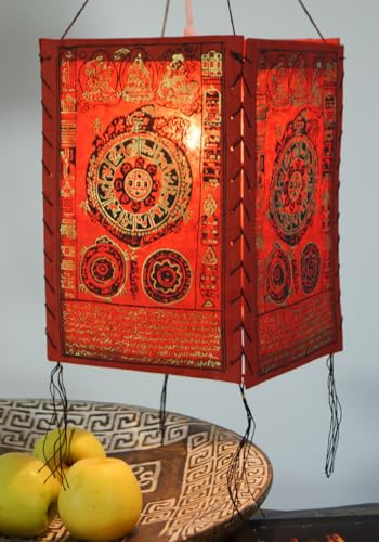 GURU SHOP Lokta Papier Hänge Lampenschirm, Deckenleuchte aus Handgeschöpftem Papier - Mandala Rot, 28x18x18 cm