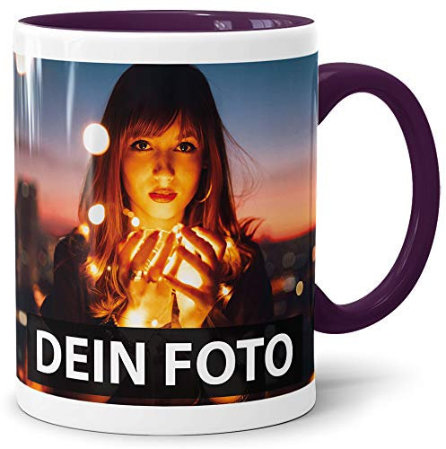 Foto-Tasse zum selbst gestalten mit Foto und Text/mit individuellen Druck in Profiqualität/Personalisierte Geschenk-Idee mit Bild/Violett