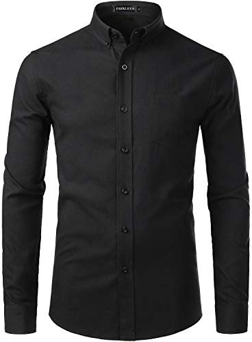PARKLEES Men's Slim Fit Long Sleeve Smart Casual Button Down Oxford Shirts PZ111 Black L