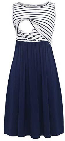 Smallshow Robe d'allaitement de Maternité sans Manches en Patchwork pour Femmes avec Poches Navy Stripe-Navy Large