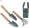 BricoLoco Kit Mini Herramientas jardín, jardinería, huerto. Rastrillo escarificador, transplantador y Pala, con Funda con Correa Ajustable. con Mango Madera.