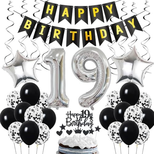 19. Geburtstag Dekoration, Geburtstagsdeko 19 Jahre Junge, 19 Geburtstag Deko, 19 Ballon Schwarz und Silber Deko, Luftballon 19. Party , 19 Junge Mädchen
