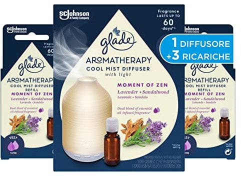 Glade Aromatherapy Diffusore di Oli Essenziali, Fragranza Moment of Zen Lavanda e Sandalo, Confezione da 1 Base e 3 Ricariche