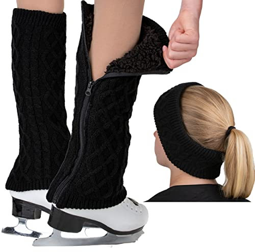 CRS Cross Leg Warmers and Headband Set for Figure Skating. Zipper Easy On/Off. Warm Knit Fleece Lined, Black - Long, Long