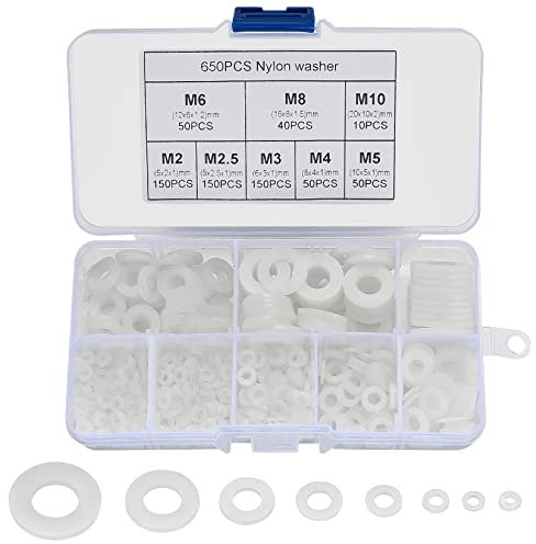 650 Pcs Nylon Washers, White Flat Plastic Spacers, Assorted Round Tap Seals Gaskets Rings for Plumbing, Screws Bolts, 5-20mm, M2/M2.5/M3/M4/M5/M6/M8/M10