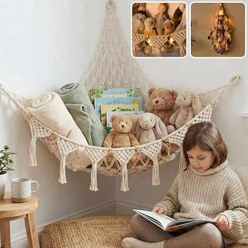 TIDYTEDS Stuffed Animal Hammock Corner | Sturdy Handcrafted Stuffed Animal Net | 4mm Double Macrame Cord Stuffed Animal Holder | Natural 100% Cotton Plushie Net | Toy Hammock w/LED Light (Ice Cream)