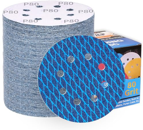 Papel de lija con forma de diamante, 125 mm, velcro 80, grano 80, 80 unidades, discos abrasivos para lijadora excéntrica, 8 agujeros, hojas de lija antibloqueo, profesionales para madera, metal y