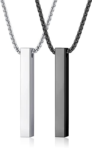 KALVICA 2 Stück Halskette Bar Anhänger für Herren Männer Damen Mode Edelstahl Bar Anhänger Halskette Schwarz & Silber Bar Anhänger mit Box Kette Halskette Länge 22 Zoll