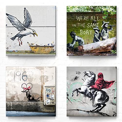 Banksy Bilder Leinwand im 4er-Set nach Graffiti Art, als Wandbilder zur Deko. Jedes Bilderset-B Leinwandbild ist 40x40cm groß. Tolle abstrakte Drucke zur Wand-Dekoration