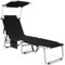 COSTWAY Beach Lounge Chair, Foldable Chaiselongue with Canopy, Adjustable Backrest & Side Pocket, Tanning Chair for Seaside, Pool, Patio (Black)