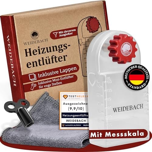 Clave de purga WEIDEBACH® c/depósito (140 ml), paño microfibra y mini llave p/espacios estrechos. Para cualquier calefacción, forma ancha