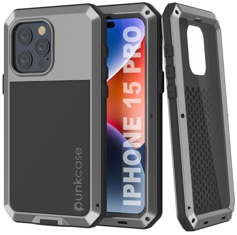 PunkCase Metallhülle für iPhone 15 Pro (6,1 Zoll) (2023), robuste Schutzhülle in Militärqualität, Hartaluminium- und TPU-Design mit Displayschutzfolie aus gehärtetem Glas, silberfarben