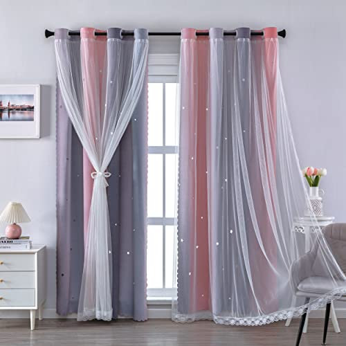 XiDi Verdunkelungsvorhänge für Mädchenzimmer, Ombré-Grau und Rosa, 160 cm Länge, 2 Paneele, Fenstervorhänge mit Ösen, für Kinderzimmer, Dekoration, Rosa, Grau