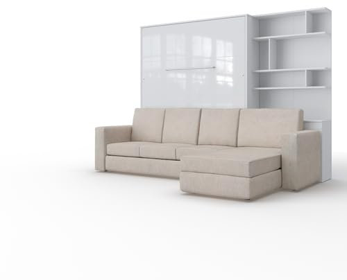 MAXIMAHOUSE Schrankbett vertikal Invento LED 160V (160x200) mit Ecksofa und Regal (Weiß/Weiß Glanz + beiges Sofa + Regal)
