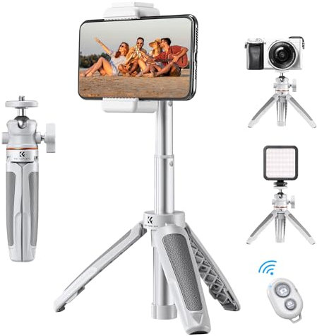 K&F Concept 34cm/13.4'' Selfie Stick Tripod, Mini Phone Stand Tripod with Remote, for Smartphone Micro Camera Video Recording/Photo/Live Stream/Vlog White