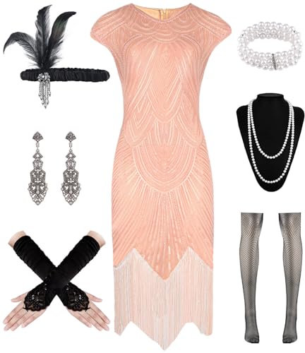 WILDPARTY 1920er Jahre Damen Flapper Kleider Gatsby Pailletten Kleider Vintage Spitze Fransen Cocktailkleid mit 20er Jahre Zubehör Set, Pink, L