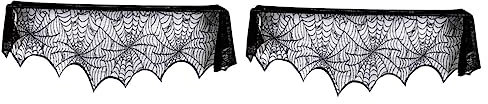PRETYZOOM 2St Kamintuch schwarzes Dekor Spitzenschal Tischdecke schwarz schwarzer Schal Tischdecken Tischfahne Tischdekoration Halloween Kaminsims Herd Spinnennetz Tischläufer