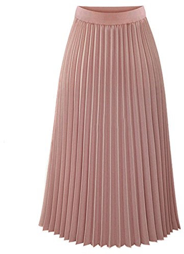 Generisch Rock Damen Sommer Faltenrock Damen Lang Plisseerock Elegant Elastisch Chiffon Rock Midi Sommerrock High Waist Strandrock M A Rosa