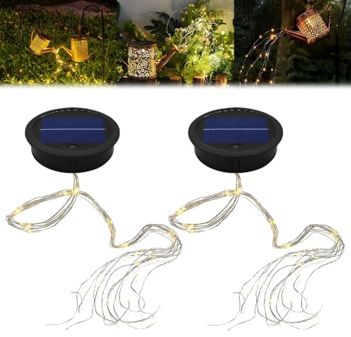 Gobesty 2 Pack Solar Watering Can String Lights Replacement Top, Round Solar Panel Waterproof 32in LED Copper Wire Lantern Lighting Accessories Solars Lamp Battery