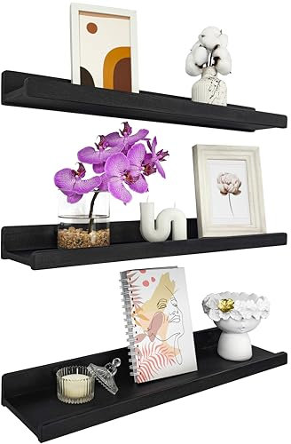 Handgearbeitet Wandregal Schwarz 60 cm, Regal Wand Holz 3er-Set, Hängeregal Wandhalterung Regalbrett, Modern Schweberegal, Schmales Bilderleiste für Badezimmer, Wohnzimmer, Küche, Schlafzimmer