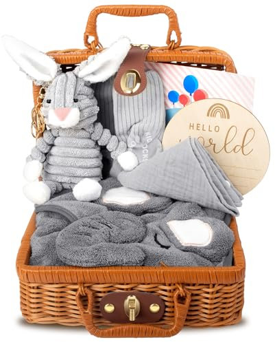 Gobesty Neugeborenen Geschenkkorb, Baby Geschenke zur Geburt, 7 in 1 Baby Geschenkset Geburt mit Babydecken, Baby Dreieckstuch, Plüschtiere, Grußkarten, Geburtskarten, Socken, Geschenkboxen Körbe