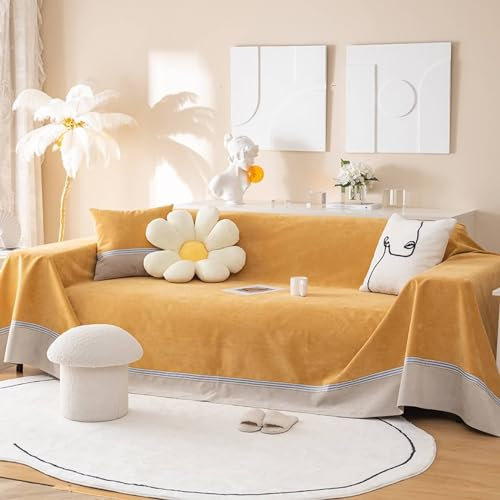 Epinki Sofa Überwurfdecke, 200x260CM Sesselbezug Ohrensessel Zweifarbig mit Gestreifter Rand Muster, Waschbarer, Kratzfester rutschfest Sofabezug Katze aus Polyester Anti-Rutsch-Couch, Gelb