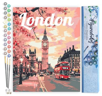 Figured'Art Peinture par Numéro Adulte Affiche de voyage Londres en fleurs - Activité Manuelle Kit de Loisir Créatif DIY Numéro d'Art Complet - 40x50cm sans châssis en bois