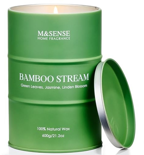 M&SENSE Bambus Duftkerzen im Glas groß Natürliche ungiftig Aromatherapie Kerze aus Sojawachs für Stress Geschenke Weihnachten für Frauen Männer 600g 70 Stunden lang brennen MSTC0217L BambooStream
