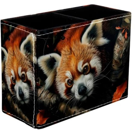 VAPOKF Pot à crayons motif panda rouge avec feuilles d'automne - 2 compartiments - Pot à crayons, pinceaux de maquillage - Organiseur de fournitures de bureau pour la maison et le bureau