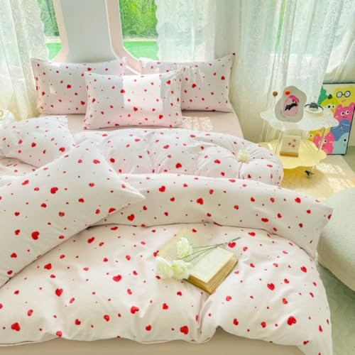 Nayoroom Bettwäsche 155x220 Rot Weiß Herzen Herz Muster Bettwäsche Set Microfaser 2teilig, Aesthetic Mädchen Rot Weißen Herz Bettbezug und 1 Kissenbezug 80x80 cm mit Reißverschluss