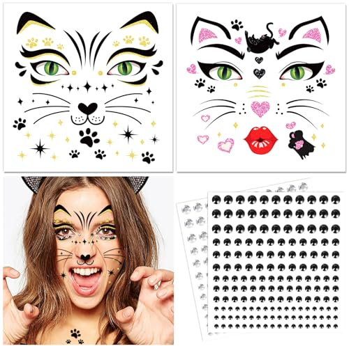 DPKOW Tatuajes de gatos para carnaval mujer niños tatuajes temporales piedras brillantes cara Halloween tatuaje maquillaje cosplay disfraces carnaval accesorios resistentes al agua
