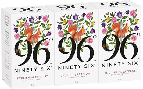 96° English Breakfast Tea – Pack of 3 × 20 Pyramid Tea Bags (60 Bags), Full-Bodied, Bright & Invigorating Black Tea, Individually Wrapped Envelopes, Plant-Based Tea Bags with No Microplastics