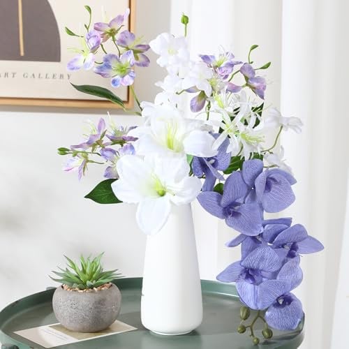 Veryhome Artificial Flowers in Vase, Faux Flowers with Vase Fake Orchid Bouquet for Table Centerpiece Decorations Wedding, Party Office Bathroom Dining Kitchen Home Decor(Blue)