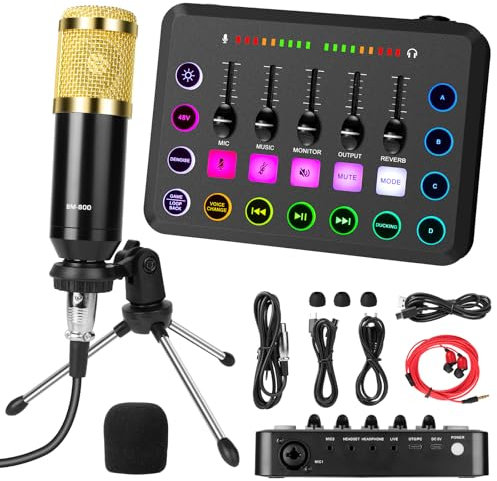 OFFCUP Podcast Equipment Set Mischpult Audiomixer mit Stativ Kondensator Mikrofon USB C Audiointerface für PC Laptop Telefon Pad, Live Soundkarte für Live-Streaming Gesang YouTube und Gaming