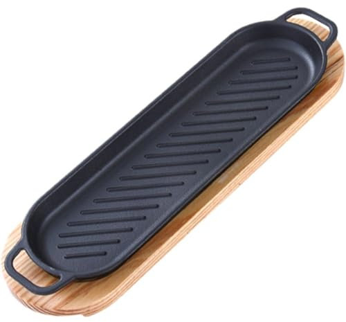 Sanfly Assiette Grésillante avec Base en Bois, Plateau À Steak en Fonte, Poêle De Service À Steak Antiadhésive, Assiette À Viande, Assiette À Steak Japonaise pour Restaurant