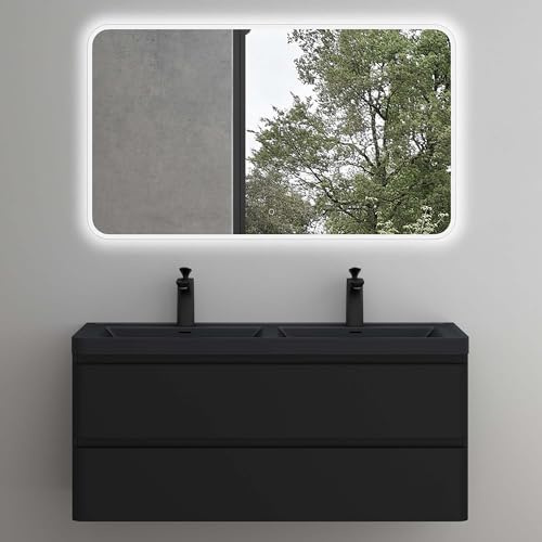 Mai & Mai Badmöbel-Set Waschbeckenunterschrank 120x48x55cm in matt schwarz | Waschtisch mit Unterschrank, mit Softclose Schubladen, inkl. Mineralguss Waschbecken und LED-Spiegel Lucca