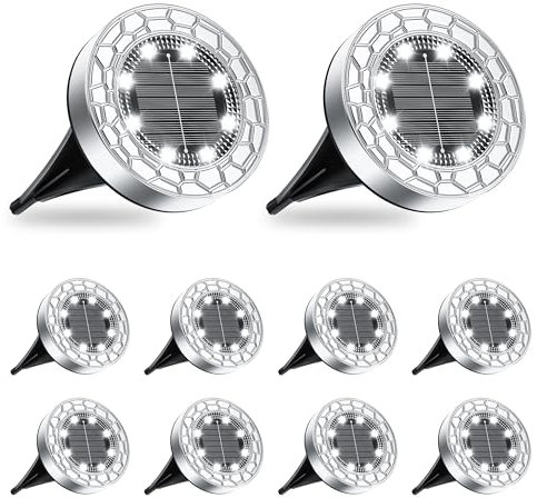Solar Lights Outdoor Garden, 2025 Upgraded 8 LEDs Stainless Steel Solar Garden Lights, IP65 Waterproof Ground Light for Pathway, Lawn, Yard Decorative Lighting (Stainless Steel, 10 Pack, Cold White)