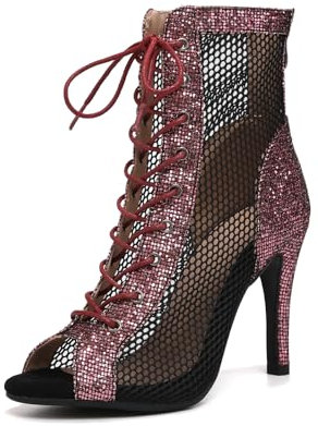 SWDZM Scarpe da Ballo Stivaletti Salsa e Bachata Jazz Donna con Brillantini con Punta Aperta,Rosa,Tacco 9.5cm,Suola in Gomma,37.5EU