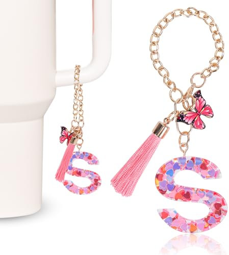 MWOOT Pink Initial letter Keychains for Women, Stanley Cup Charms, Cute Initial Keychain Handle Charm for Stanley Tumbler, S