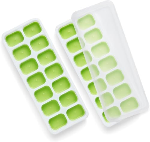 2Pcs Ice Cube Tray, Ice Tray with Lid Ice Cube Moulds with No-Spill, Flexible Ice Cube Molds Small Ice Cube Trays for Freezer Kitchen Chilled Drinks Whiskey Cocktail (14-ice Green)