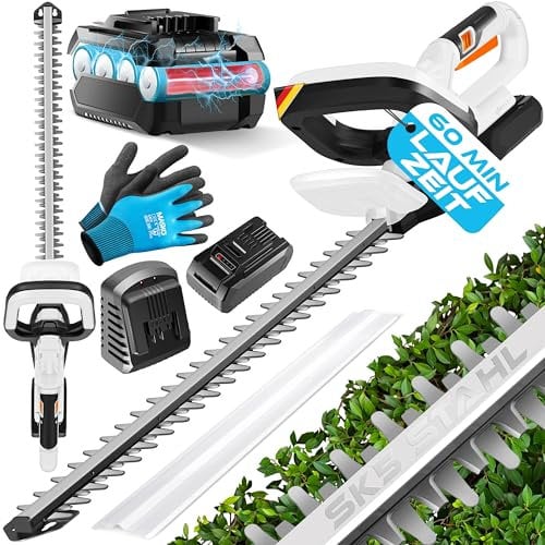 MASKO® Akku Heckenschere Profi Hecken & Strauchschere 57cm Schnittlänge Inkl. Handschuhe, Schutzhülle & 21V Akku 2,0 Ah mit Ladegerät, 27mm Zahnabstand Dual Schnittklingen Verstellbarer Griff Weiß