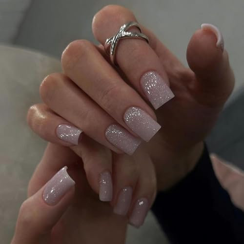 Square False Nails Glitter Pink - 24Pcs Press on Nails Short Medium - Removable Glue-on Nails Fake Nail Glitter Squoval French Glossy Stick on Nail for Women and Teens Gifts