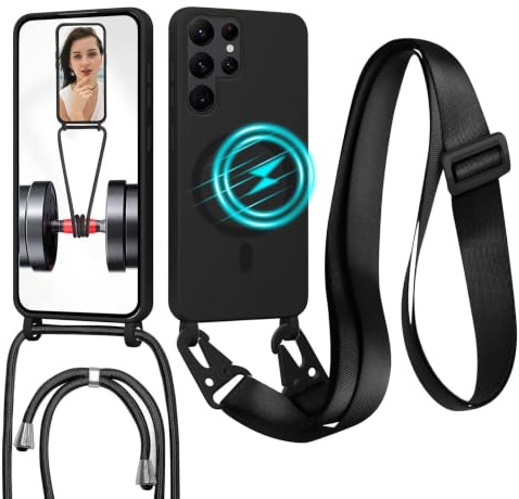 GoodcAcy Handykette Hülle für Samsung Galaxy S24 Ultra mit Band Halsband Lanyard (abnehmbar) Handyhülle, Kordel zum Umhängen,Magnetisch Stoßfest Silikonhülle Wireless Charging kompatibel,Schwarz