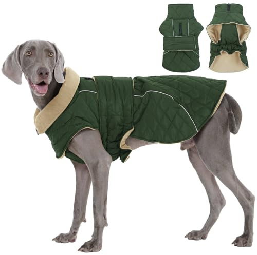 Kuoser Hundemantel Wasserdich Winterjacke für Große Hunde, Warmer Hunde Mantel mit Fleece, Reißverschluss-Leinenöffnung, 2XL Grün