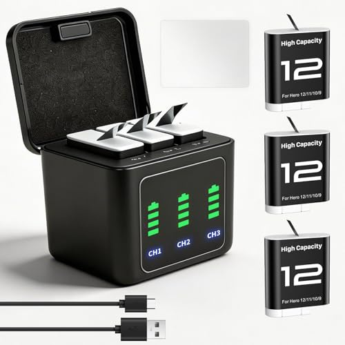 3-Stück Hero 12 Akku Ladegerät Kit 2580mAh, Type-C LED Dreikanal Ladestation + Displayschutzfolie, kompatibel mit GoPro Hero12/11/10/9 Black Enduro (3 Akkus + Ladegerät + Displayschutzfolie)