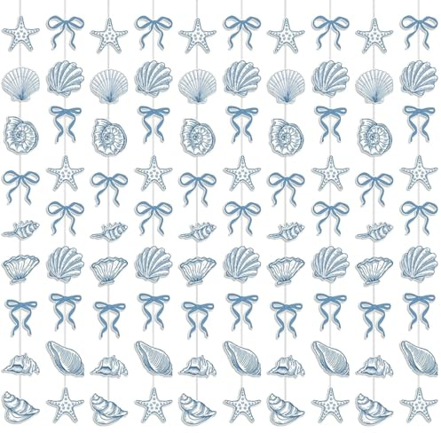 Seestern-Muschelgirlande, blaue Schleife, 2 m, Meeresküste, nautisches Banner, vorbespannt, Banner für Unterwasserparty, Strandhochzeit, Meerjungfrauen-Geburtstagsdekorationen, 10 Stück