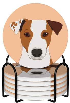 Jack Russell Terrier Dog,Round Ceramic Coasters, Mugs Pad, Cups Mat Set of 6 Drinks Coasters With Holder