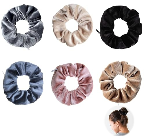 6 Stück Haargummis Damen mit Reißverschluss-Tasche, Elastische Samt Scrunchies Reise-Gadgets für Frauen Können Wertsachen Geld Versteck Geheimfach Safe Urlaub Weiches Hair Rope für Mädchen und Damen