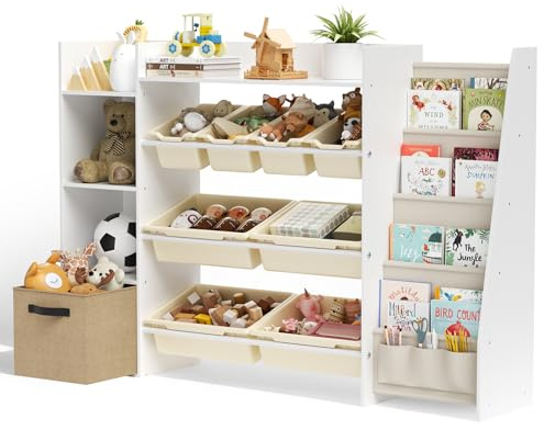 CUPCHID Bücherregal Kinder, 3 in 1 Holz Kinderregal mit 8 Aufbewahrungsboxen, Aufbewahrung Kinderzimmer Geeignet für Wohnzimmer, Kinderzimmer und Kinderregale mit Aufbewahrungsboxen(147x30x100CM)
