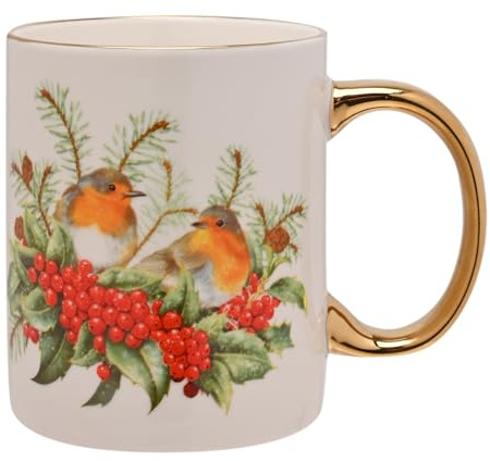 Widdop Fine China Two Robin Christmas Mug with Gold Handle – Festive Bird Cup with Holly & Berries – Seasonal Drinkware & Gift Idea | Festive Bird Cup with Holly & Berries – Seasonal Drinkware & Gift Idea
